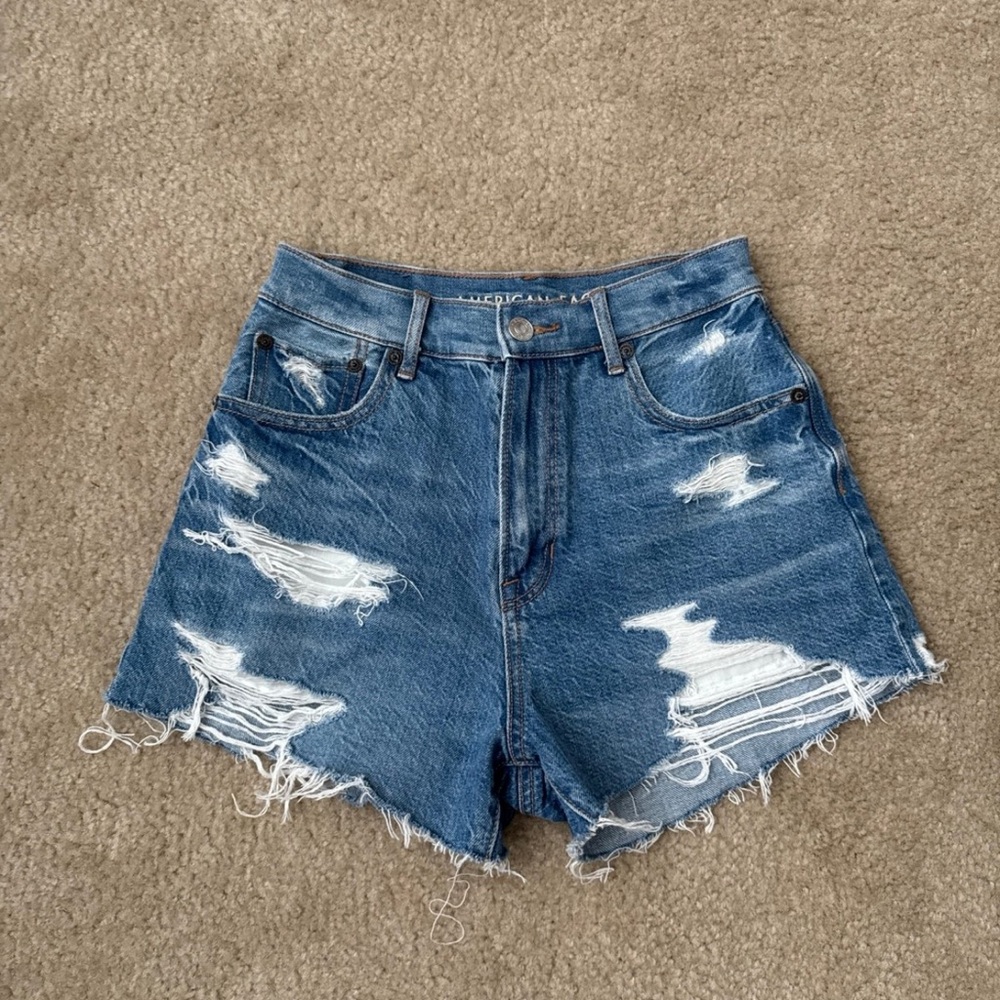 American Eagle Outfitters Blue Jean Shorts with Distressed Details